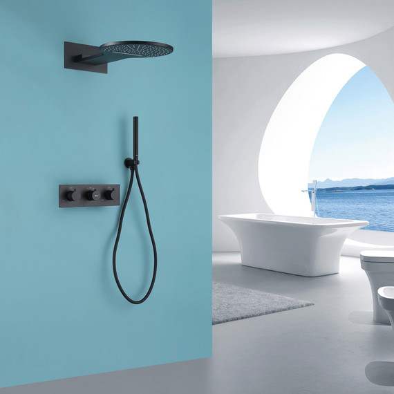 Душевая система для душа с термостатом Abber Wasser Kreis AF8151B (со скрытой частью) чёрный матовый - фото 2