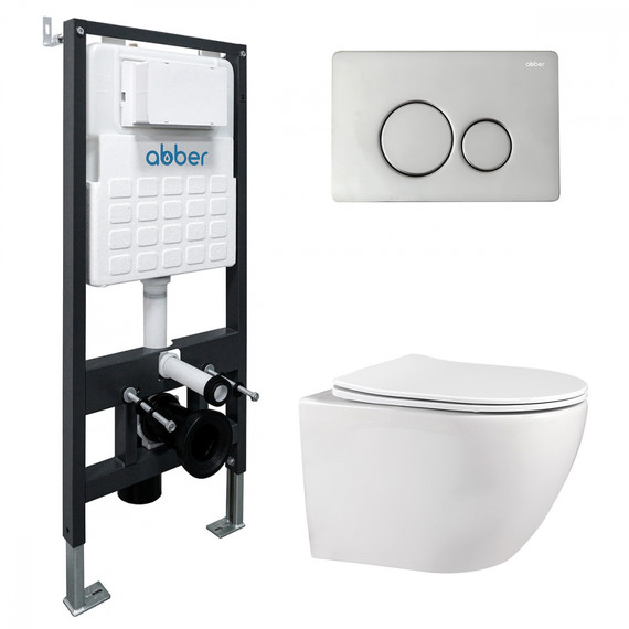 Инсталляция с подвесным унитазом комплект: Abber AC0105 с подвесным унитазом Bequem AC1100 с крышкой микролифт, кнопка смыва AC0121 хром - фото 