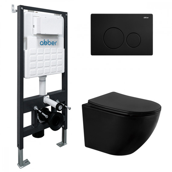 Инсталляция с подвесным унитазом комплект: Abber AC0105 с подвесным унитазом Bequem AC1100MB с крышкой микролифт, кнопка смыва AC0121MB чёрная матовая - фото 