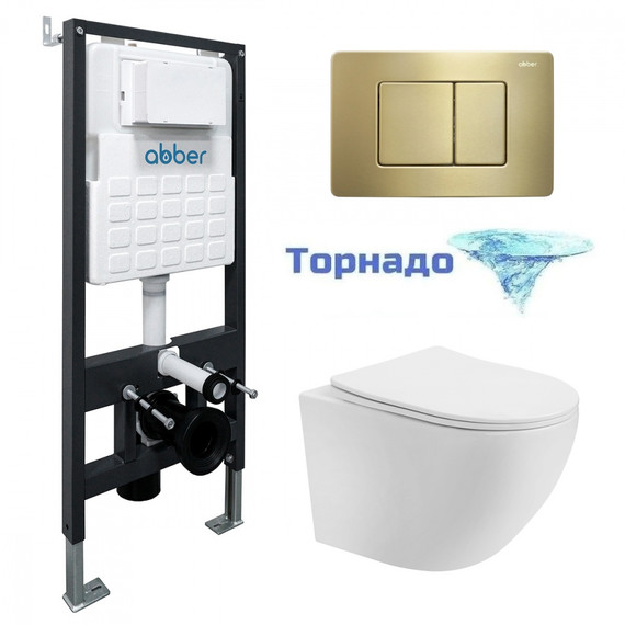 Инсталляция с подвесным унитазом комплект: Abber AC0105 с подвесным унитазом Bequem AC1100T с крышкой микролифт, кнопка смыва AC0120MMG золото матовое (система смыва Торнадо) - фото 