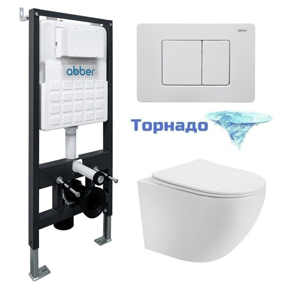 Инсталляция с подвесным унитазом комплект: Abber AC0105 с подвесным унитазом Bequem AC1100T с крышкой микролифт, кнопка смыва AC0120MW белая матовая (система смыва Торнадо) - фото 