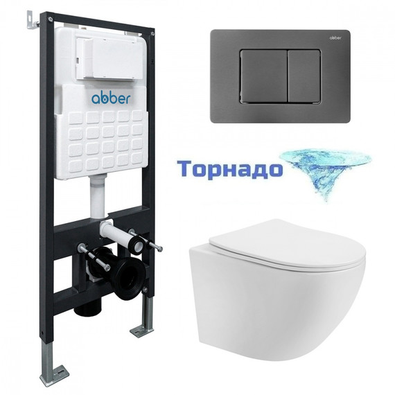 Инсталляция с подвесным унитазом комплект: Abber AC0105 с подвесным унитазом Bequem AC1100T с крышкой микролифт, кнопка смыва AC0120NG никель (система смыва Торнадо) - фото 