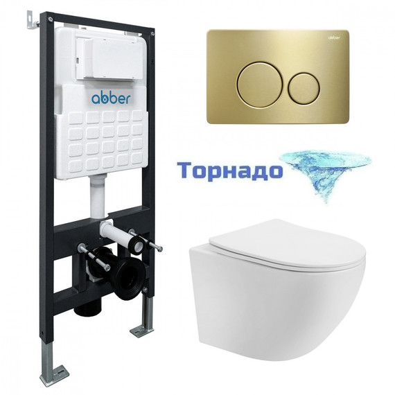 Инсталляция с подвесным унитазом комплект: Abber AC0105 с подвесным унитазом Bequem AC1100T с крышкой микролифт, кнопка смыва AC0121MMG золото матовое (система смыва Торнадо) - фото 