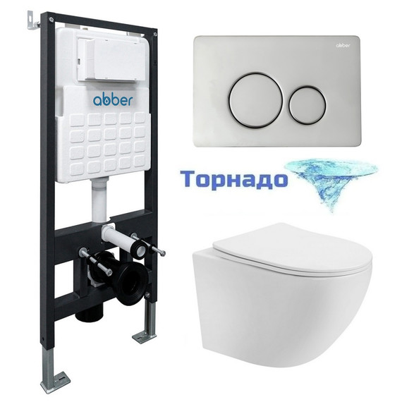 Инсталляция с подвесным унитазом комплект: Abber AC0105 с подвесным унитазом Bequem AC1100T с крышкой микролифт, кнопка смыва AC0121 хром (система смыва Торнадо) - фото 