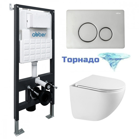 Инсталляция с подвесным унитазом комплект: Abber AC0105 с подвесным унитазом Bequem AC1131TC с крышкой микролифт, кнопка смыва AC0121 хром глянцевый (система смыва Торнадо) - фото 