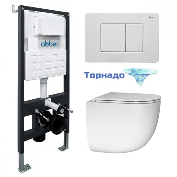 Инсталляция с подвесным унитазом комплект: Abber AC0105 с подвесным унитазом Bequem AC1132TC с крышкой микролифт, кнопка смыва AC0120MW белая матовая (система смыва Торнадо) - фото 