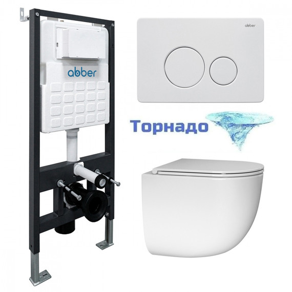 Инсталляция с подвесным унитазом комплект: Abber AC0105 с подвесным унитазом Bequem AC1132TC с крышкой микролифт, кнопка смыва AC0121MW белая матовая (система смыва Торнадо) - фото 