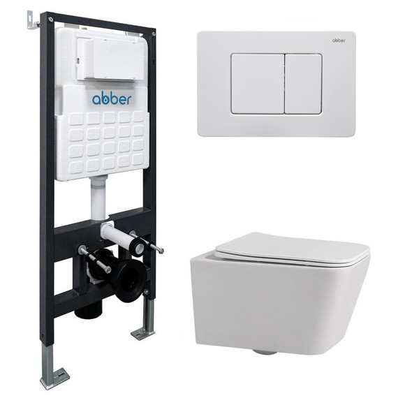 Инсталляция с подвесным унитазом комплект: Abber AC0105 с подвесным унитазом Rechteck AC1201 с крышкой микролифт, кнопка смыва AC0120MW белая матовая - фото 