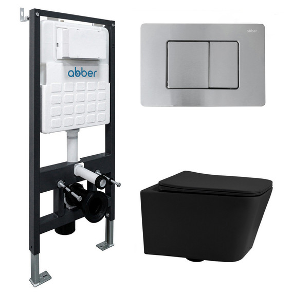 Инсталляция с подвесным унитазом комплект: Abber AC0105 с подвесным унитазом Rechteck AC1201MB с крышкой микролифт, кнопка смыва AC0120MCH матовый хром - фото 