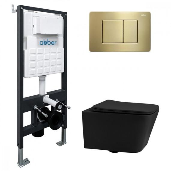 Инсталляция с подвесным унитазом комплект: Abber AC0105 с подвесным унитазом Rechteck AC1201MB с крышкой микролифт, кнопка смыва AC0120MMG золото матовое - фото 