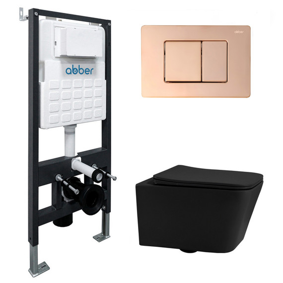 Инсталляция с подвесным унитазом комплект: Abber AC0105 с подвесным унитазом Rechteck AC1201MB с крышкой микролифт, кнопка смыва AC0120RG золото розовое - фото 