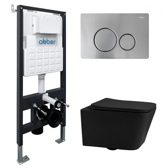 Инсталляция с подвесным унитазом комплект: Abber AC0105 с подвесным унитазом Rechteck AC1201MB с крышкой микролифт, кнопка смыва AC0121MCH матовый хром - фото 