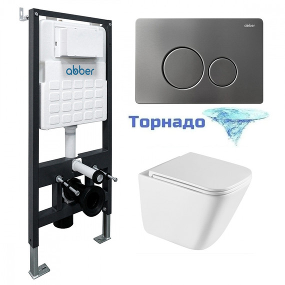 Инсталляция с подвесным унитазом комплект: Abber AC0105 с подвесным унитазом Rechteck AC1219TC с крышкой микролифт, кнопка смыва AC0121NG никель (система смыва Торнадо) - фото 