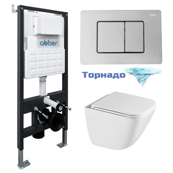 Инсталляция с подвесным унитазом комплект: Abber AC0105 с подвесным унитазом Rechteck AC1220TC с крышкой микролифт, кнопка смыва AC0120 хром глянцевый (система смыва Торнадо) - фото 