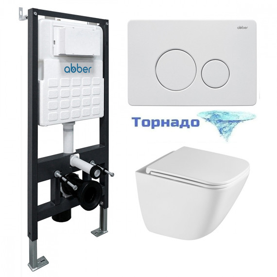 Инсталляция с подвесным унитазом комплект: Abber AC0105 с подвесным унитазом Rechteck AC1220TC с крышкой микролифт, кнопка смыва AC0121MW белая матовая (система смыва Торнадо) - фото 