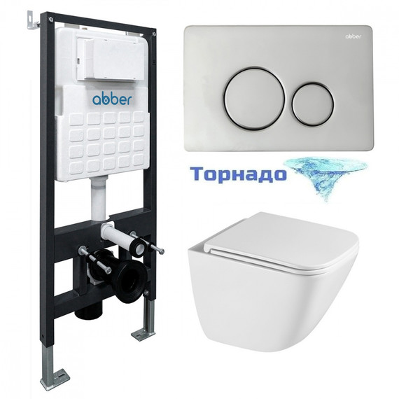 Инсталляция с подвесным унитазом комплект: Abber AC0105 с подвесным унитазом Rechteck AC1220TC с крышкой микролифт, кнопка смыва AC0121 хром глянцевый (система смыва Торнадо) - фото 