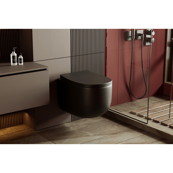 Унитаз подвесной безободковый Abber Bequem AC1104TMB с тонкой крышкой микролифт (система смыва Торнадо) чёрный матовый - фото 7