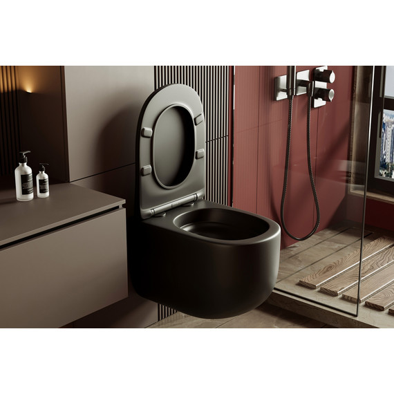 Унитаз подвесной безободковый Abber Bequem AC1104TMB с тонкой крышкой микролифт (система смыва Торнадо) чёрный матовый - фото 9