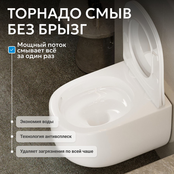 Унитаз-биде подвесной безободковый ABBER Bequem AC1104TNS с тонкой крышкой микролифт (система смыва Торнадо) - фото 15