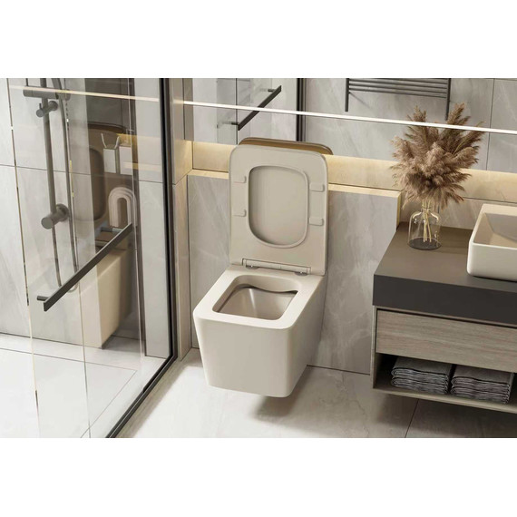 Унитаз подвесной безободковый Abber Rechteck AC1201MBE с тонкой крышкой микролифт, светло-бежевый матовый - фото 9