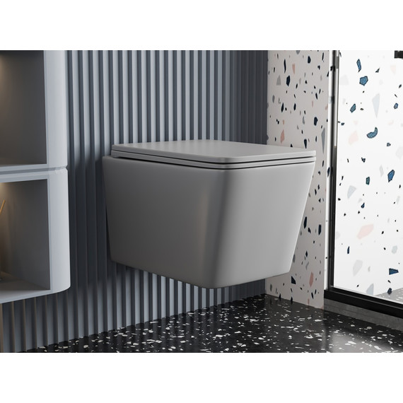 Унитаз подвесной безободковый Abber Rechteck AC1201MG с тонкой крышкой микролифт, серый матовый - фото 7