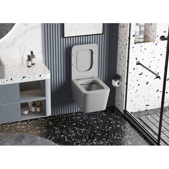 Унитаз подвесной безободковый Abber Rechteck AC1201MG с тонкой крышкой микролифт, серый матовый - фото 9