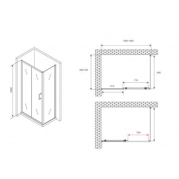 Душевое ограждение Abber Schwarzer Diamant 140х70 см AG301405-S705, хром/прозрачное - фото 6