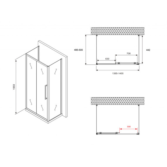 Душевое ограждение Abber Schwarzer Diamant 140х50 см AG30140BH-S50B-S50B, чёрный/прозрачное - фото 18