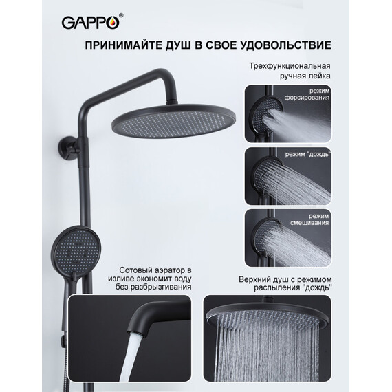 Душевая стойка Gappo G06-6 G2406-6 с поворотным изливом, чёрный, Цвет производителя: чёрный - фото 9