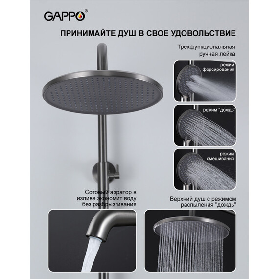 Душевая стойка Gappo G06-9 G2406-9 с поворотным изливом, оружейная сталь, Цвет производителя: оружейная сталь - фото 6