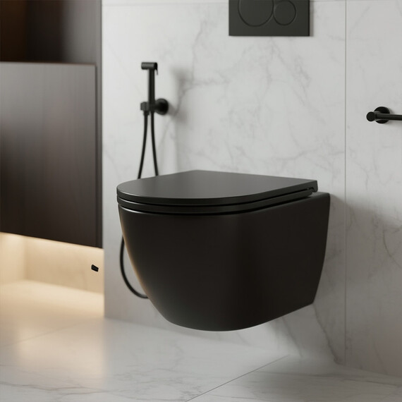 Унитаз подвесной безободковый Azario Ines Black AZ-W03-SB с тонкой крышкой микролифт (система смыва Торнадо) чёрный матовый - фото 10