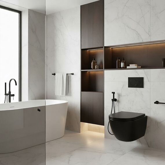 Унитаз подвесной безободковый Azario Ines Black AZ-W03-SB с тонкой крышкой микролифт (система смыва Торнадо) чёрный матовый - фото 11