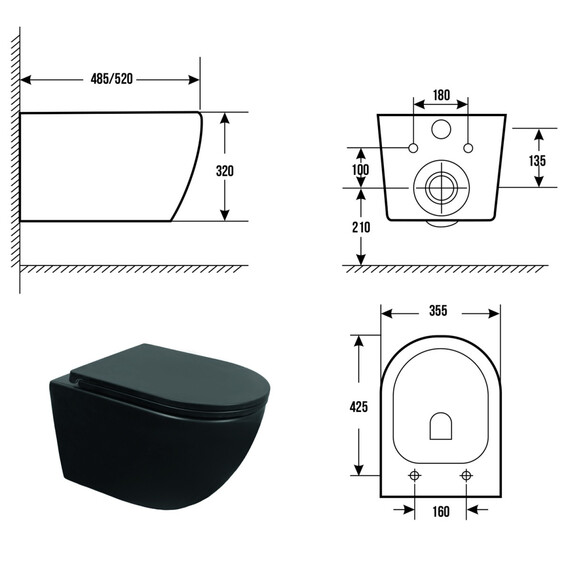 Унитаз подвесной безободковый Azario Ines Black AZ-W03-SB с тонкой крышкой микролифт (система смыва Торнадо) чёрный матовый - фото 12