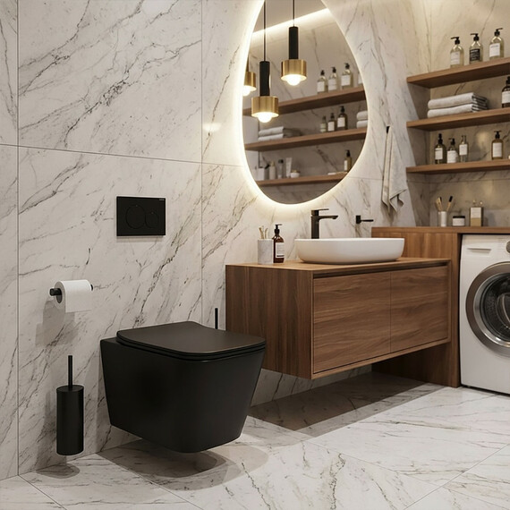 Унитаз подвесной безободковый Azario Dezi Black AZ-W05-SB с тонкой крышкой микролифт (система смыва Торнадо) чёрный матовый - фото 12