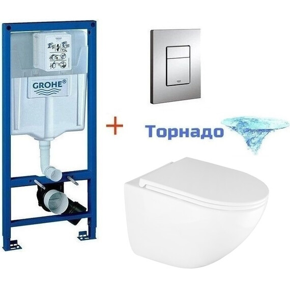 Инсталляция с подвесным унитазом комплект: Grohe Rapid SL 38772001 с подвесным безободковым унитазом Azario Trevi AZ-0093UQ3 TORNADO сиденье микролифт, крепление, кнопка смыва хром - фото 
