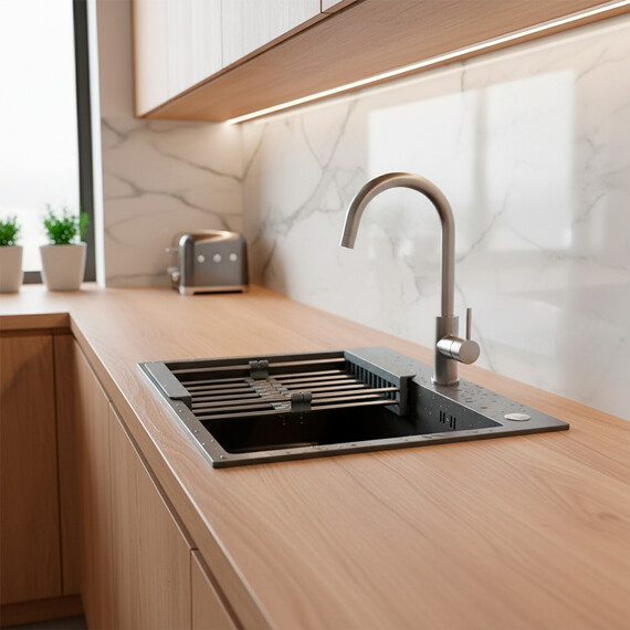 Кухонная мойка Azario Nicole AZG5050H (сифон, дозатор и коландер в комплекте) серый соты - фото 10