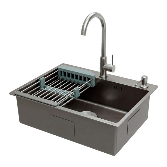 Кухонная мойка Azario Nicole AZG5050H (сифон, дозатор и коландер в комплекте) серый соты - фото 4