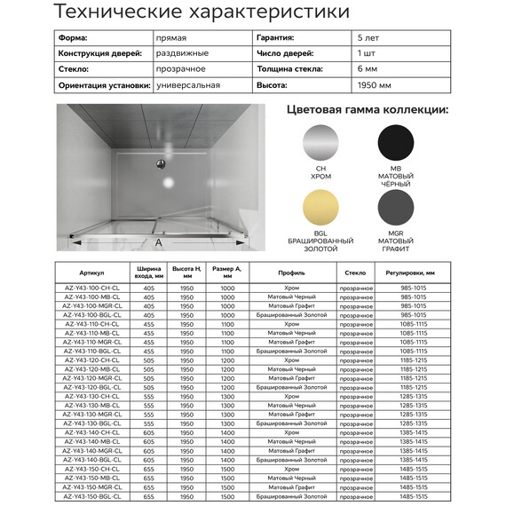 Душевая дверь Azario SHANGHAI 120 см AZ-Y43-120-MGR-CL, графит матовый/прозрачное - фото 8