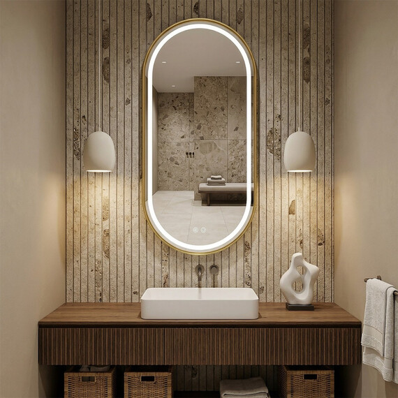 Зеркало Azario Блейк 50 см АZ-LED011625 (подсветка, подогрев и сенсорный выключатель) золото матовое - фото 6