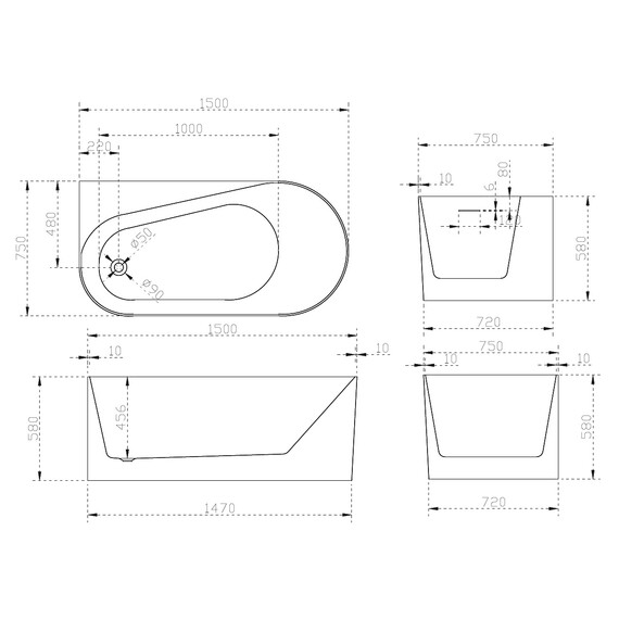 Ванна акриловая Abber AB9496-1.5 L 150x75 см - фото 10