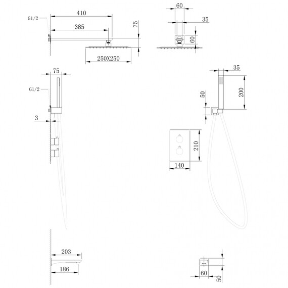 Душевая система для ванны с термостатом Abber Weiss Insel AF8050B, черный матовый - фото 4