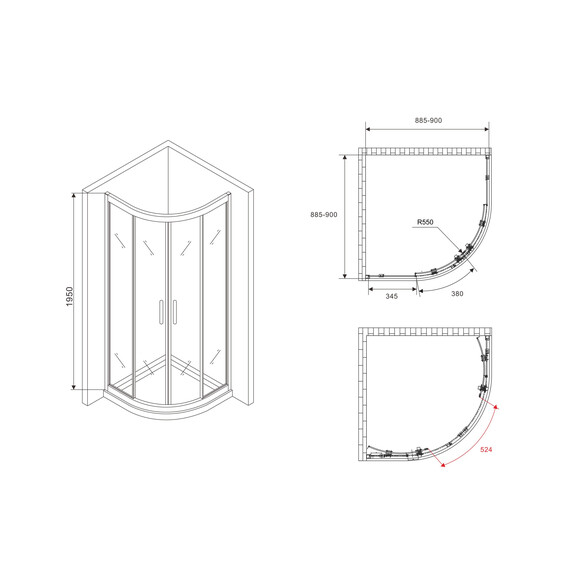 Душевое ограждение Abber Schwarzer Diamant 90x90 см AG01090, хром/прозрачное - фото 5