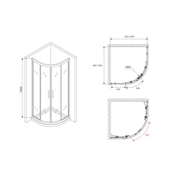 Душевое ограждение Abber Schwarzer Diamant 100x100 см AG01100M, хром/матовое - фото 4