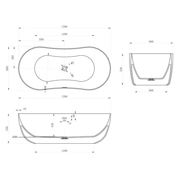 Ванна отдельностоящая Abber Stein 170x80 см AS9604, белый матовый - фото 12