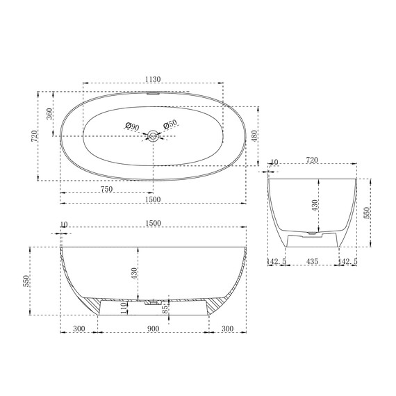 Ванна отдельностоящая Abber Stein 150x72 см AS9624-1.5, белый матовый, Размер - мм: 1500x700 - фото 4