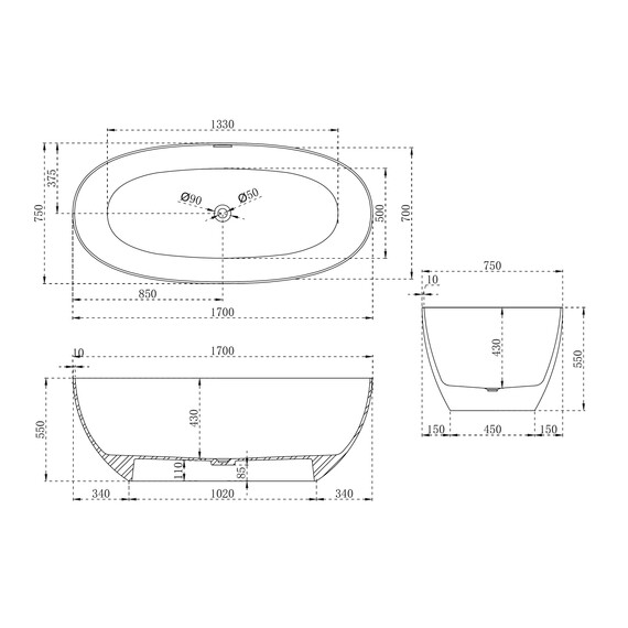 Ванна отдельностоящая Abber Stein 170x75 см AS9624-1.7, белый матовый, Размер - мм: 1700x750 - фото 4