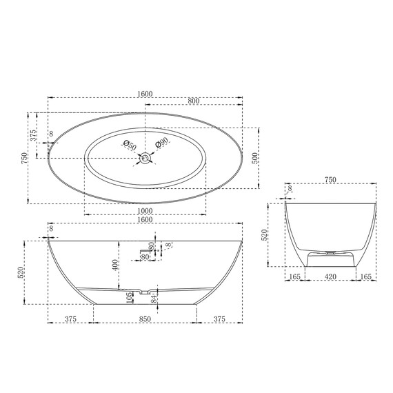Ванна отдельностоящая Abber Stein 160x75 см AS9625-1.6, белый матовый, Размер - мм: 1600x750 - фото 13