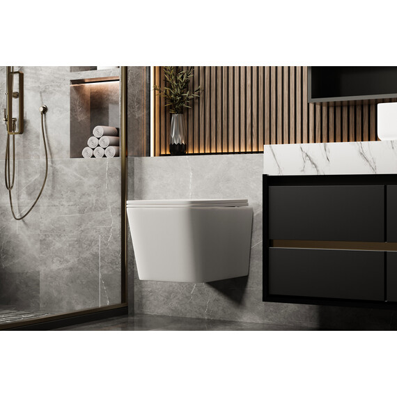 Унитаз подвесной безободковый Abber Rechteck AC1201MW с тонкой крышкой микролифт, белый матовый - фото 12