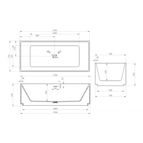 Ванна отдельностоящая Abber Stein 170x75 см AS9602 - фото 12