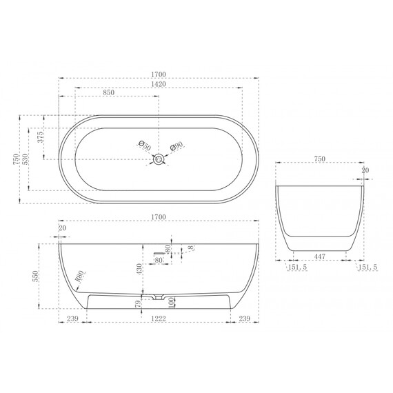 Ванна отдельностоящая Abber Stein 170x75 см AS9613-1.7, белый матовый, Размер - мм: 1700x750 - фото 11